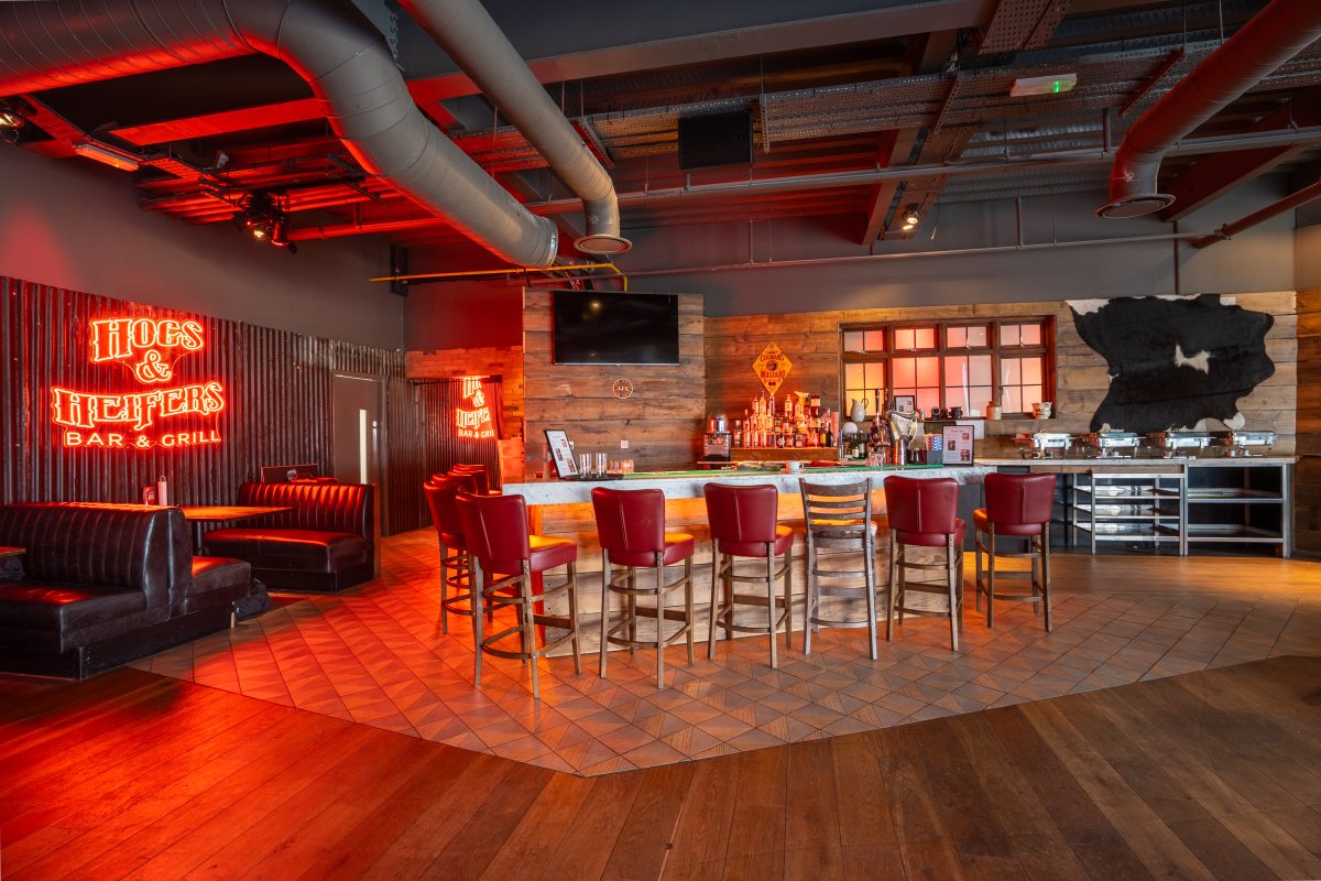 Private function room with bar and seating at Hogs & Heifers Liffey Valley